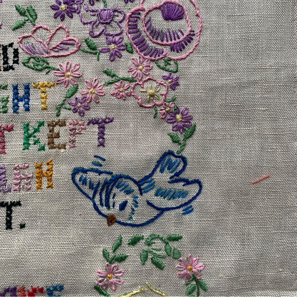 Vintage Childs Prayer Sampler Linen Birds Flowers Boy Girl Baby Nursery - Picture 5 of 6